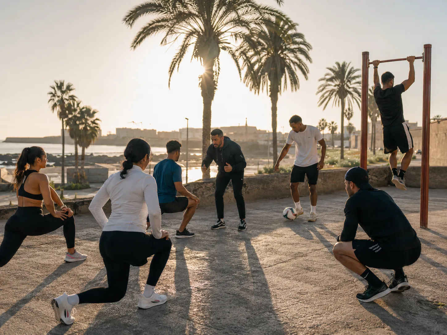 Groupe de sportifs à l’entraînement en extérieur au coucher du soleil au Maroc.
