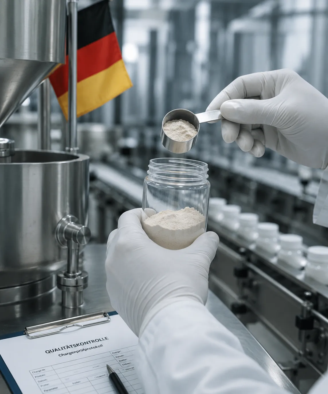 Contrôle qualité de la protéine Weymo dans une usine allemande, drapeau allemand en arrière-plan.