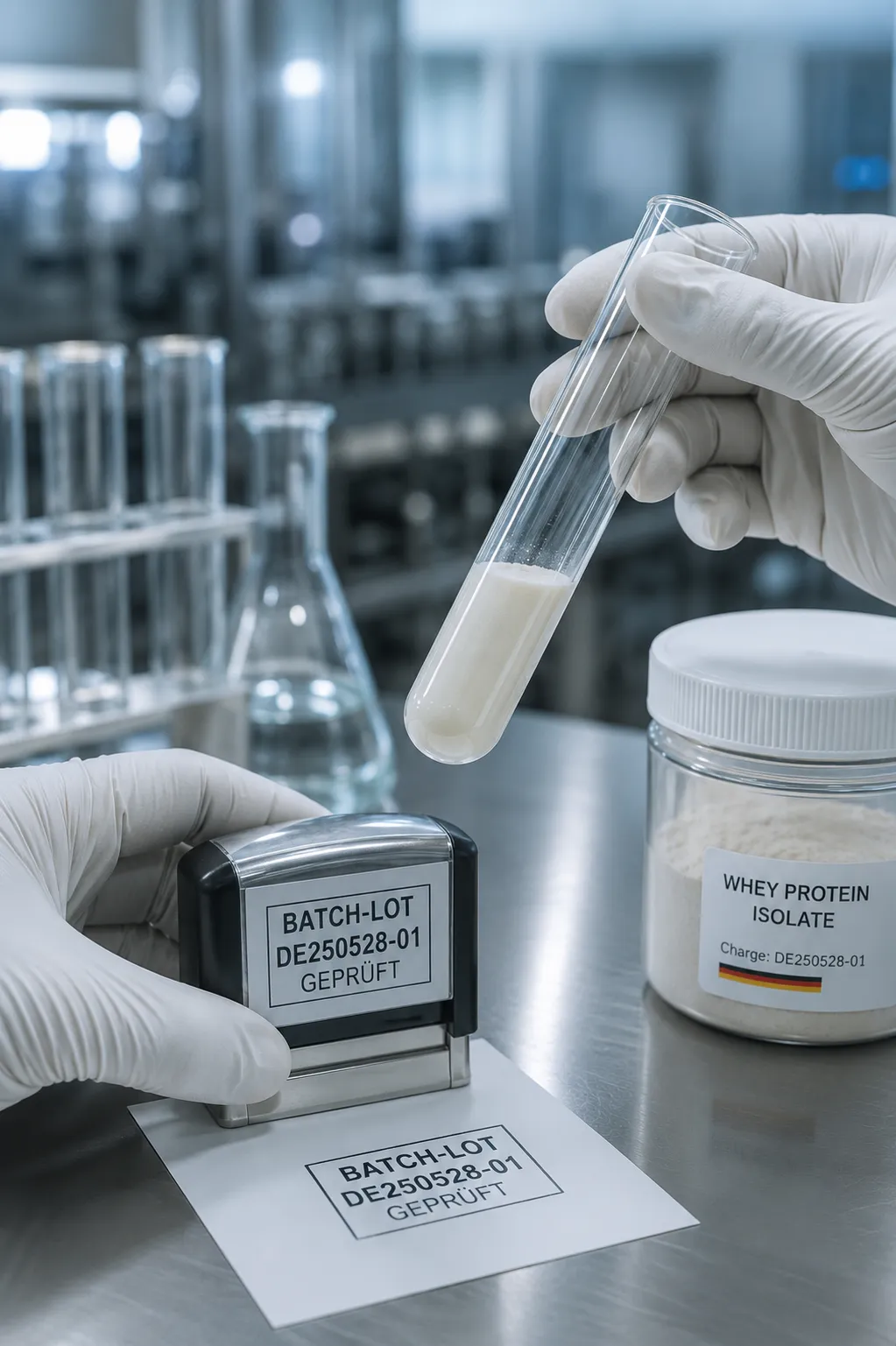 Vérification et tampon d’un lot d’isolat de whey Weymo en laboratoire.