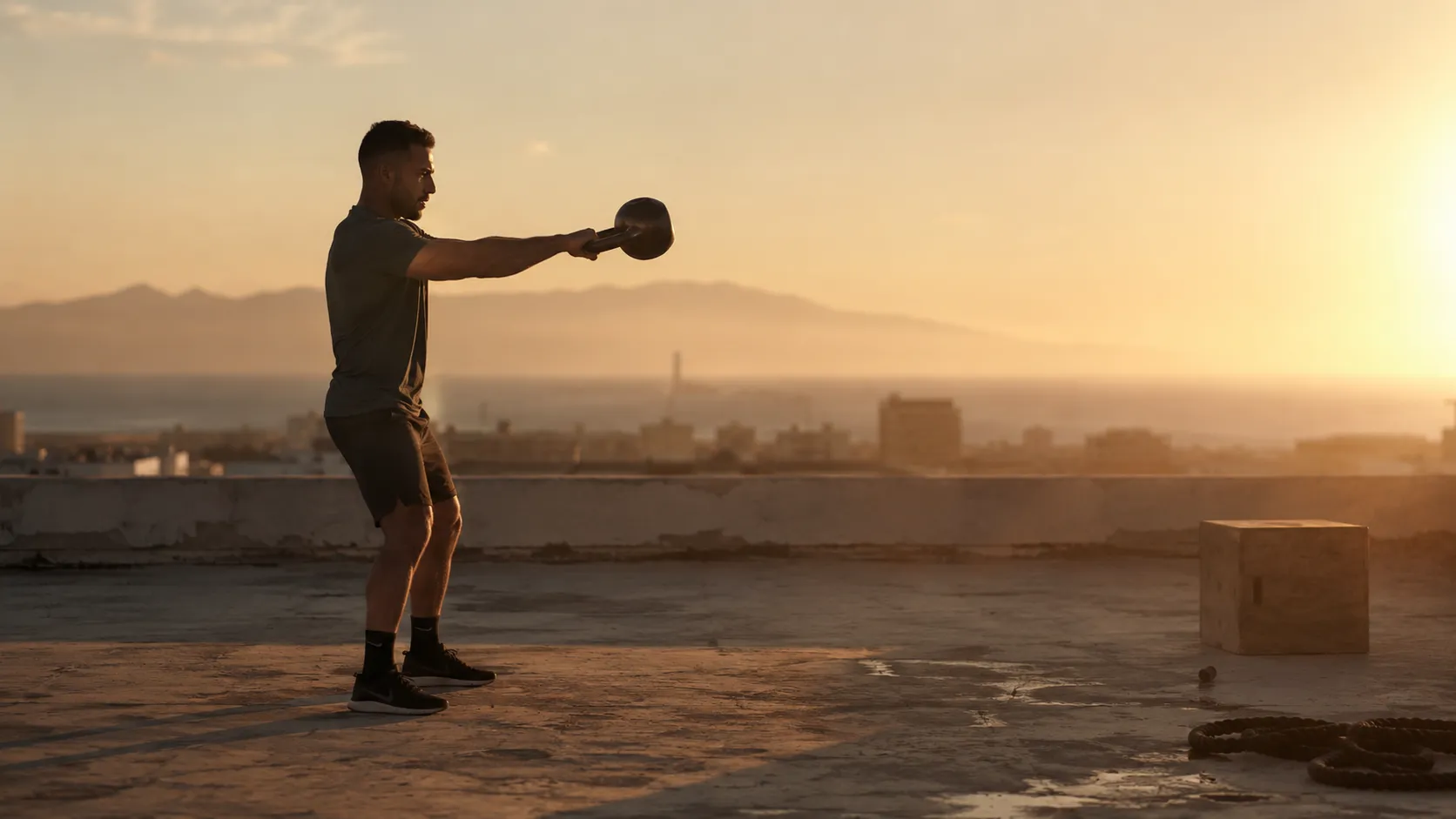 Sportif Weymo à l’entraînement au lever du soleil sur un toit, face aux montagnes et à la ville au Maroc.